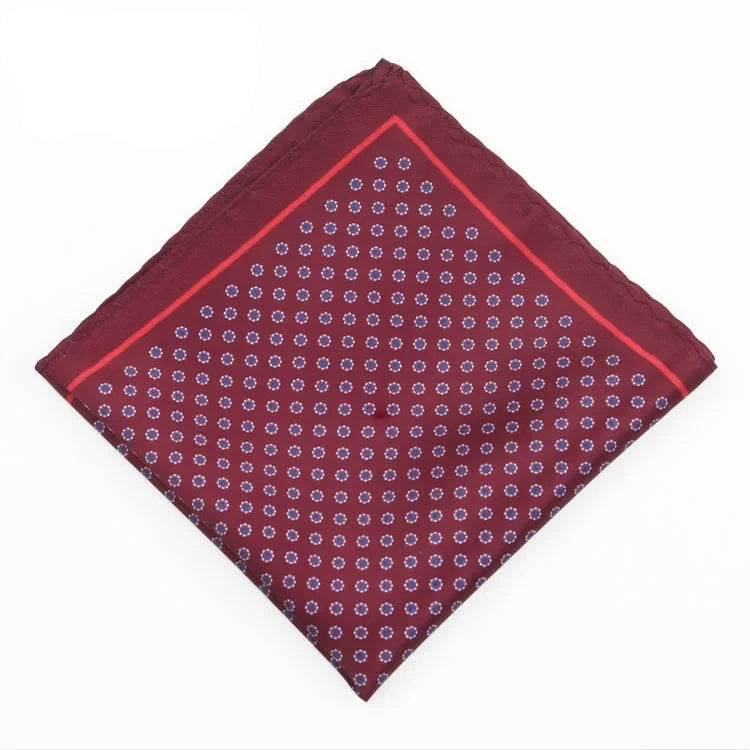 Costume homme pochette fond rouge mini motif paquerette gris et blanc