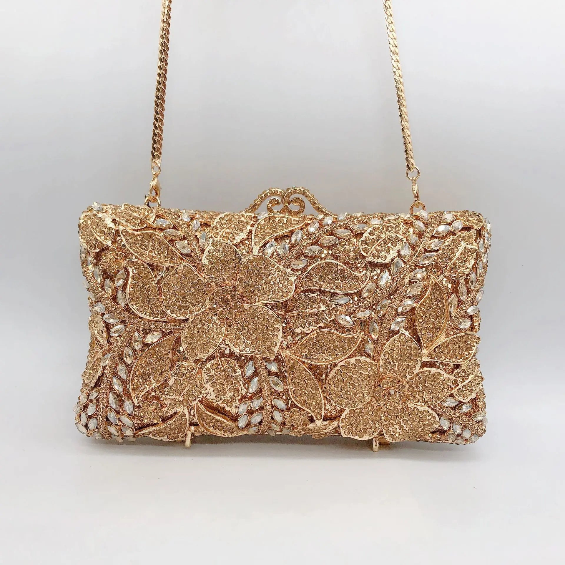 Pochette soiree floral diamants et or luxe details bandoulière