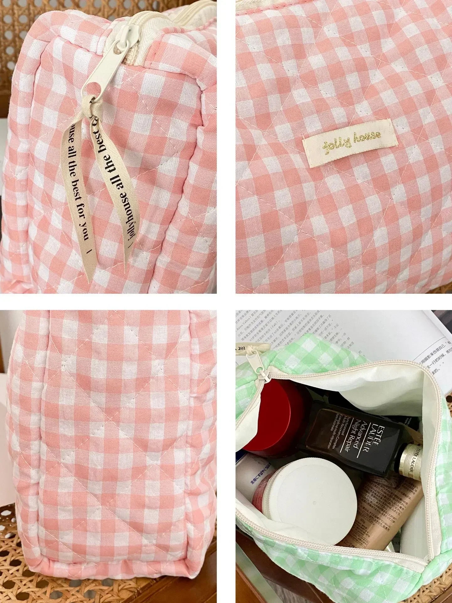 pochette trousse toilette maquillage tissu molletonee zippee vichy rose et blanc