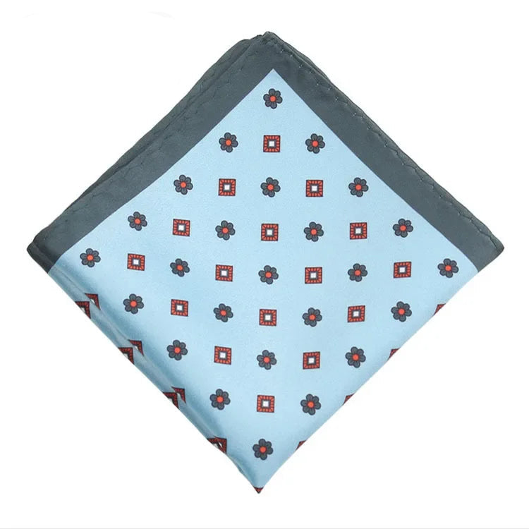 Costume homme pochette fond bleu ciel motif fleur et mini carreaux
