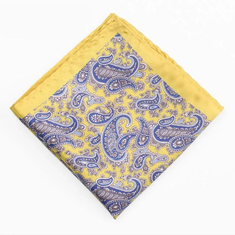 Costume homme pochette fond jaune citron motif cachemire bleu, blanc, beige