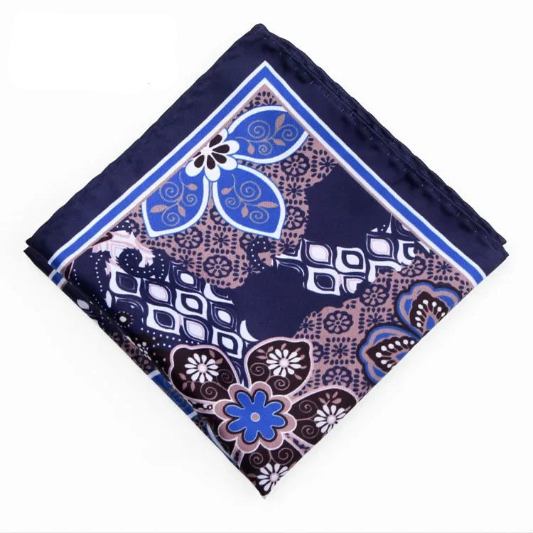 Costume homme pochette motifs geometrique et floraux beige, bleu et blanc
