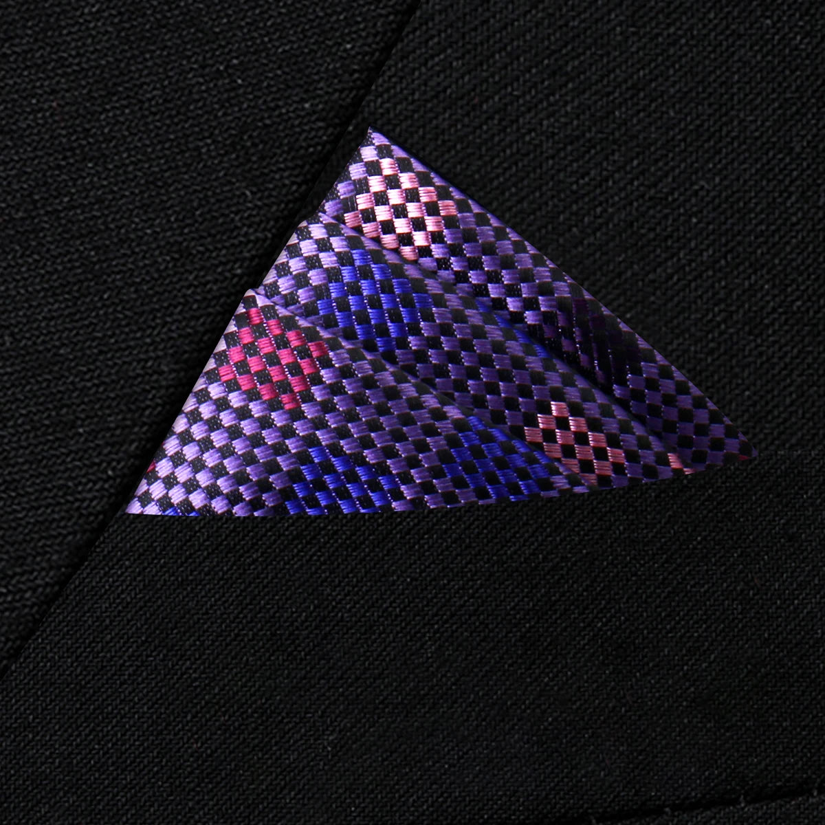 Costume pochette petits carreaux rose bleu parme violet noir