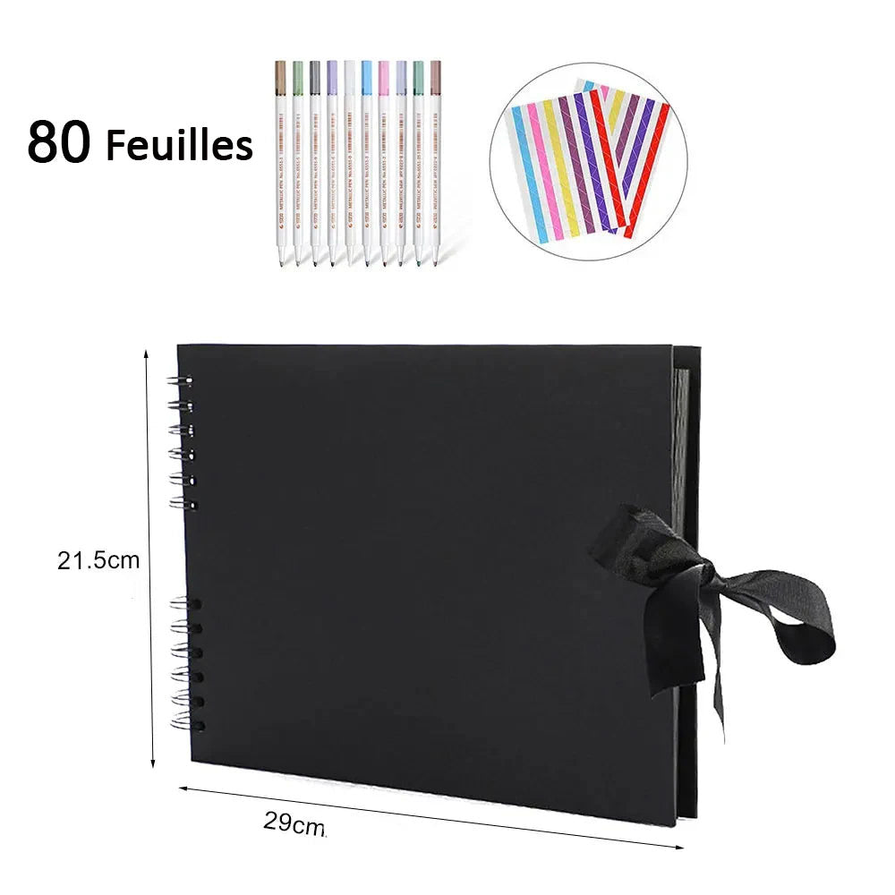 Pochette album noir 80 feuilles + feutres + coins