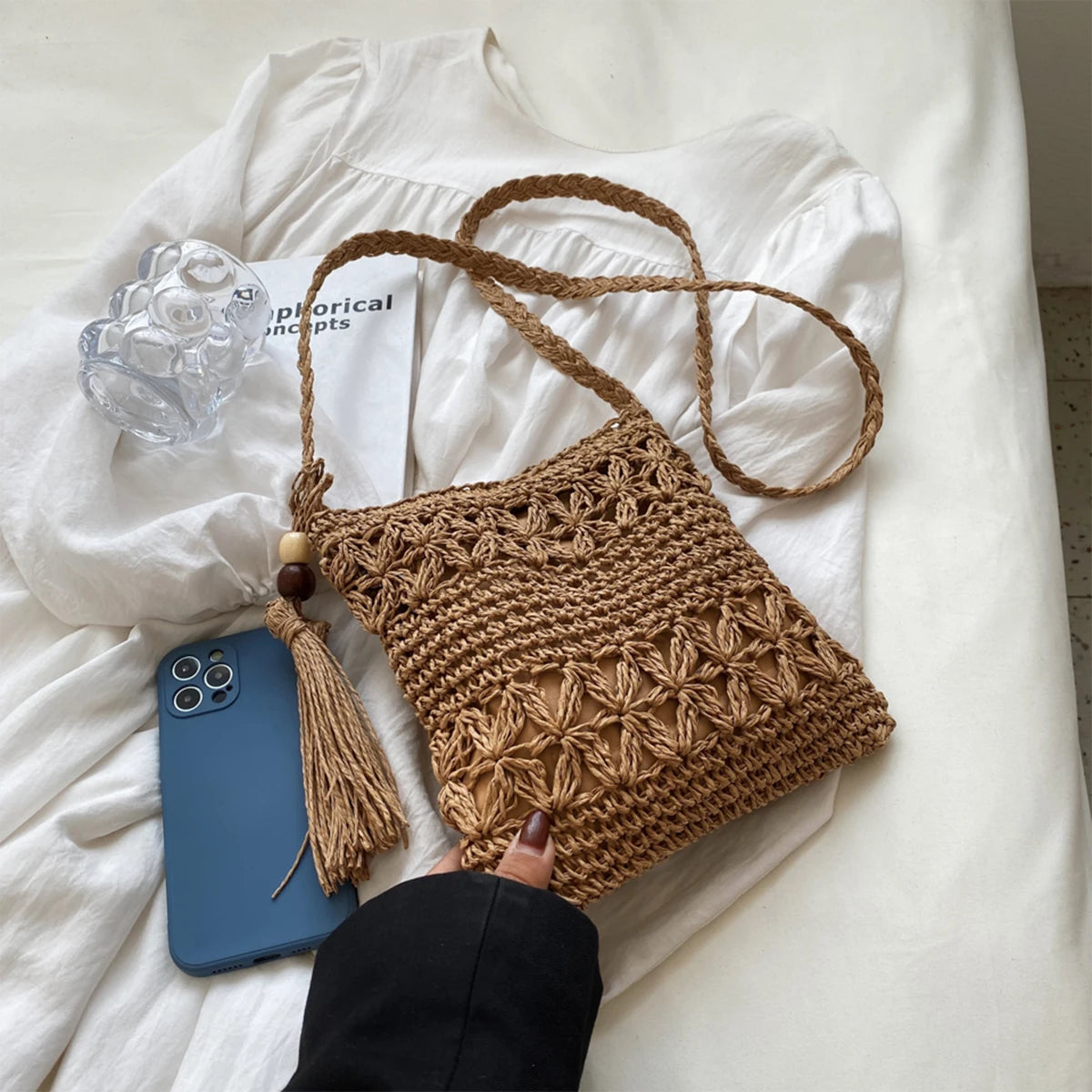 Pochette au crochet macrame naturel   camel bandouliere visuel perles bois taille 