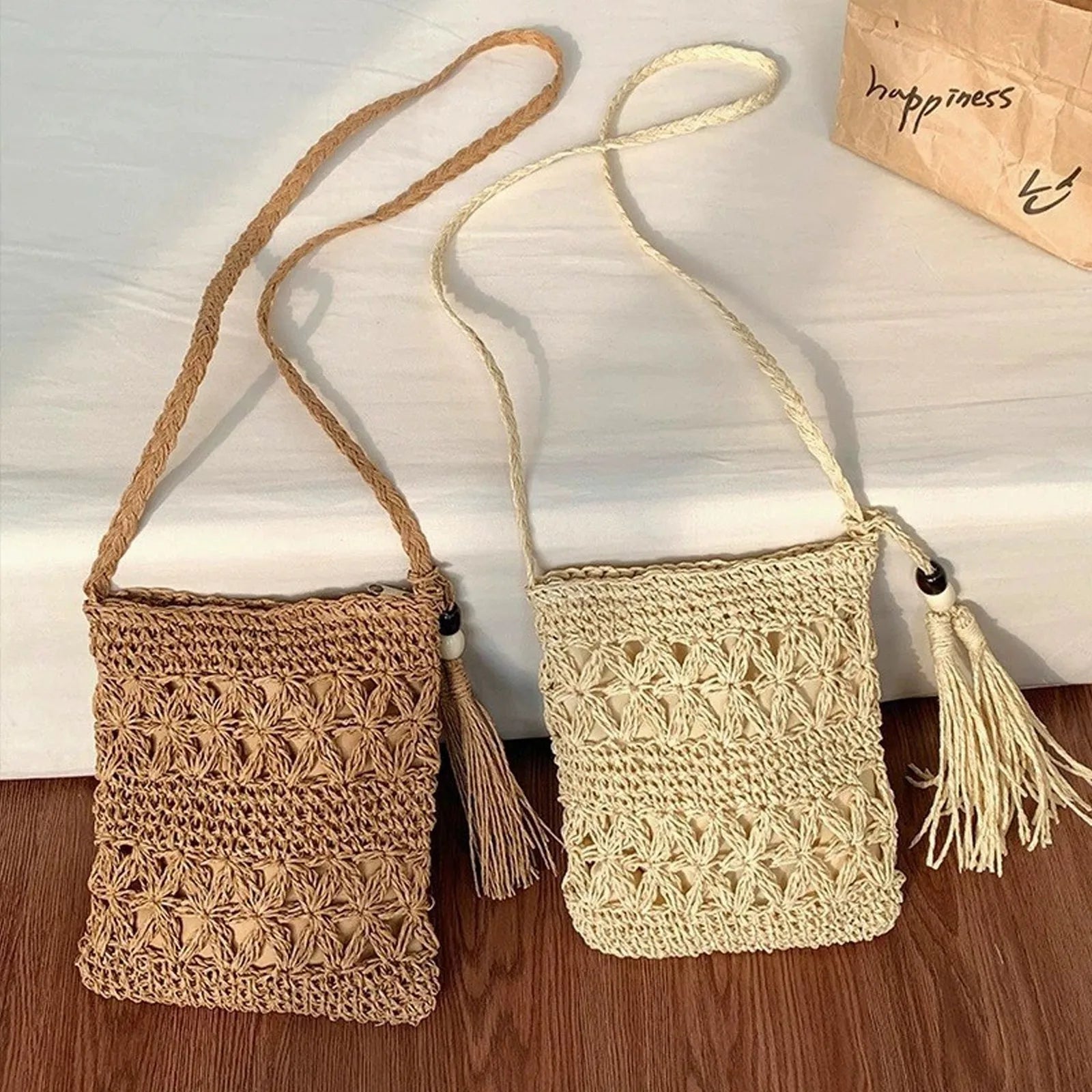 Pochette au crochet macrame naturel  camel ecru 