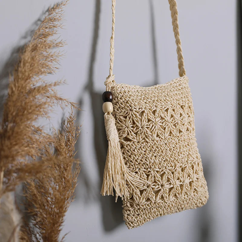 Pochette au crochet macrame naturel   ecru bandouliere