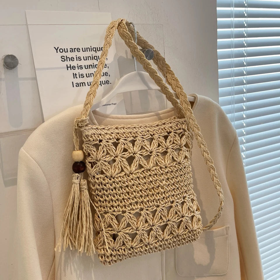 Pochette au crochet macrame naturel   ecru bandouliere visuel
