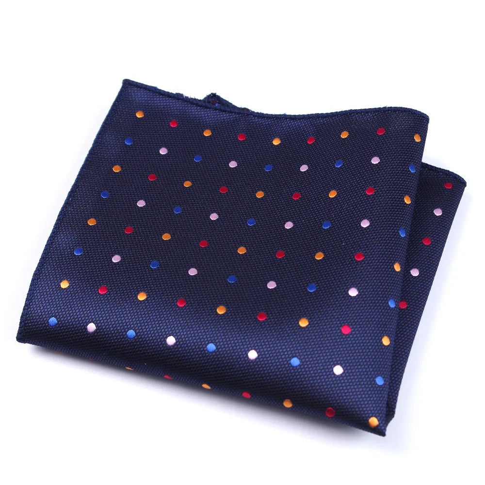 Pochette costume homme pois jaune rouge bleu blanc sur fond bleu