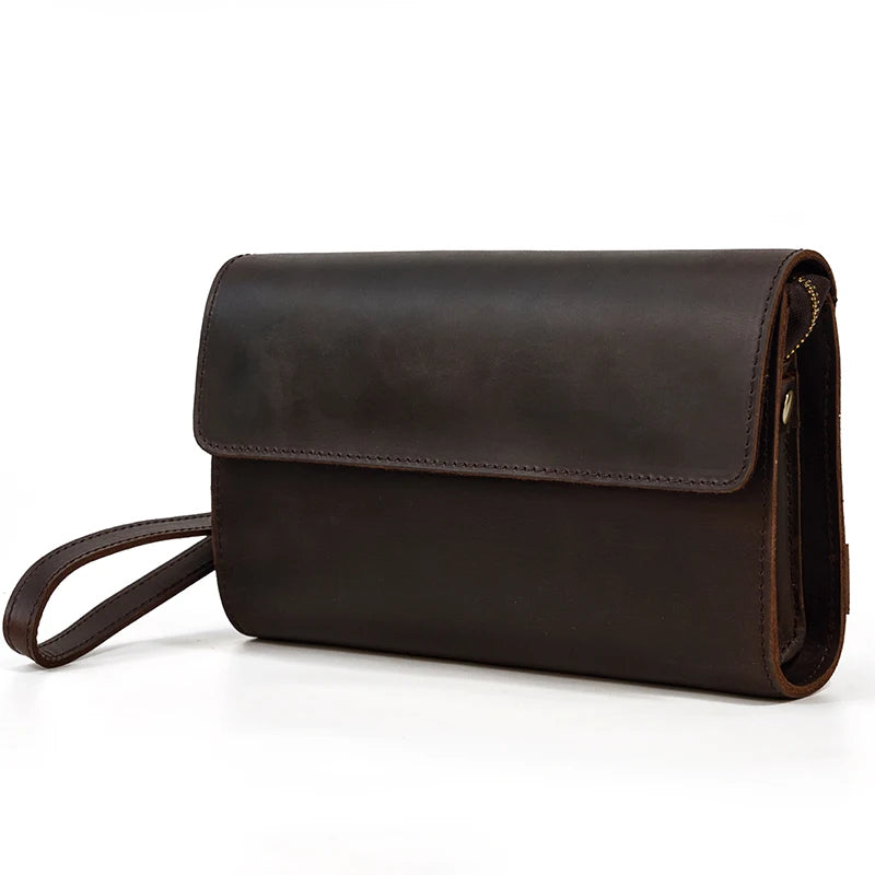 Pochette cuir veritable dragonne café avec rabat