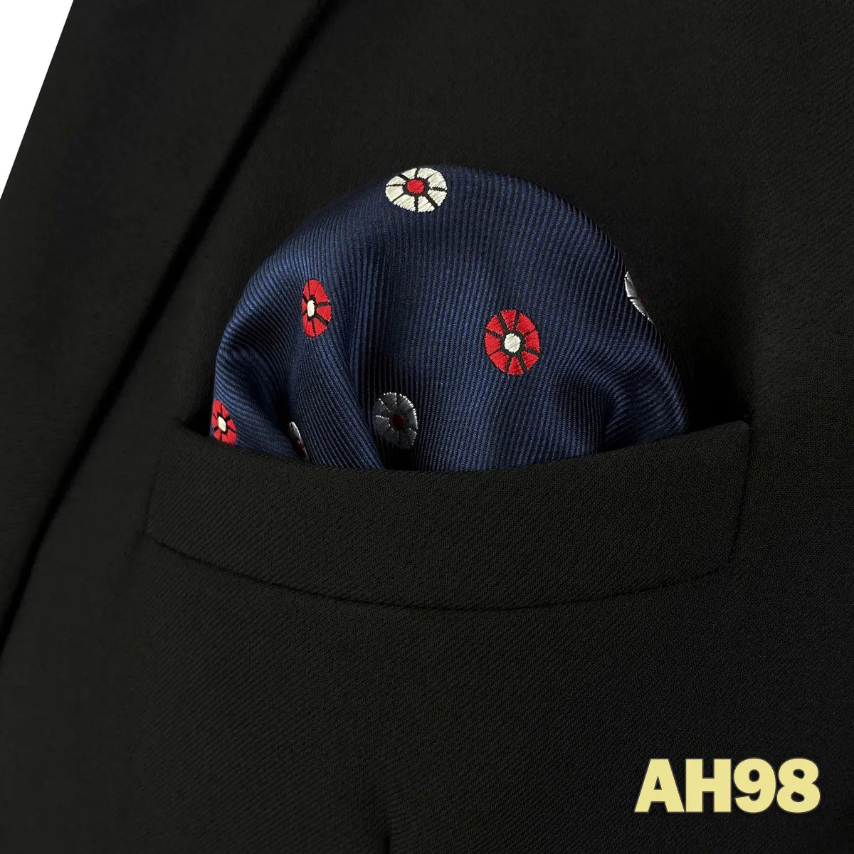 Pochette de costume bleu nuit motif floral rouge et jaune
