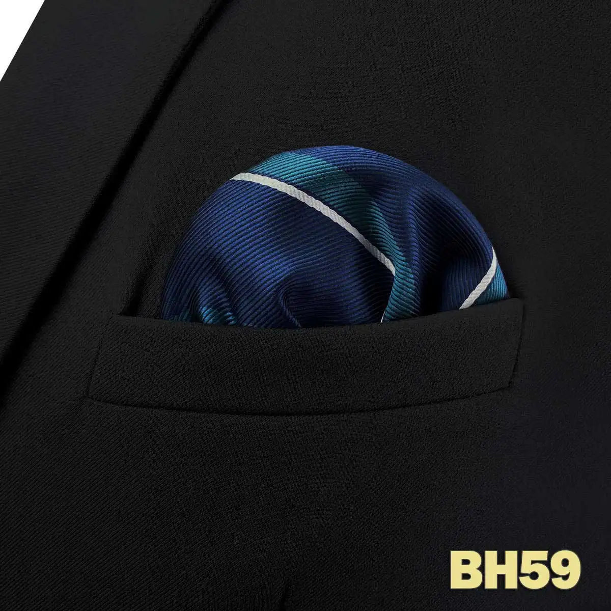 Pochette de costume bleu nuit rayee vert canard et blanche