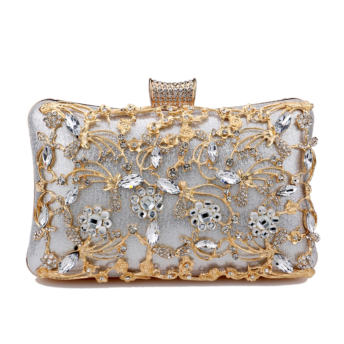 Pochette doree soiree  ceremonie or et diamant version argent 