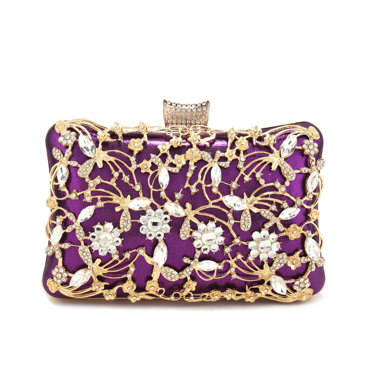 Pochette  doree soiree  ceremonie or et diamant version violette 