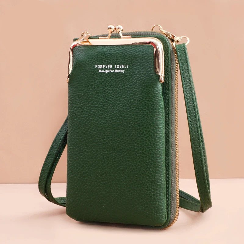 Pochette en bandouliere femme  telephone fermoir boule clic-clac vert foncé