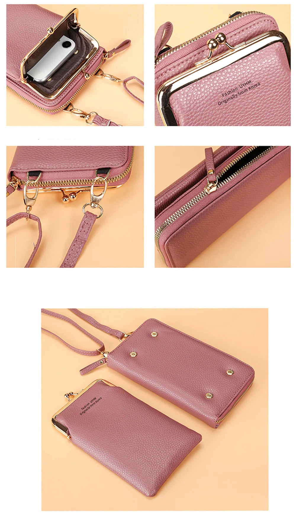 Pochette en bandouliere telephone femme fermoir boule clic-clac rose details 