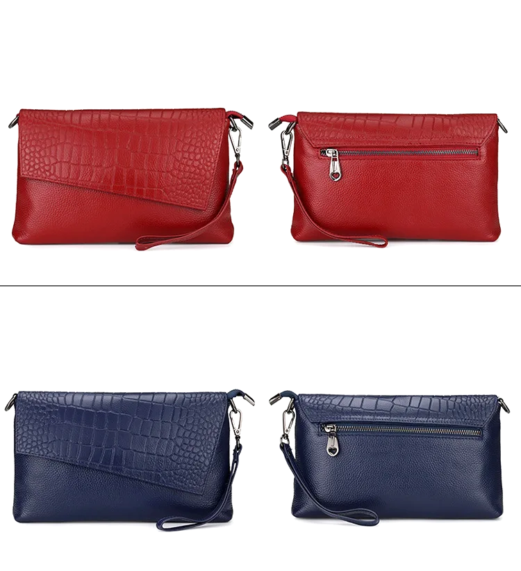 Pochette en cuir femme bandouliere  
 avant arrière bleu et rouge 