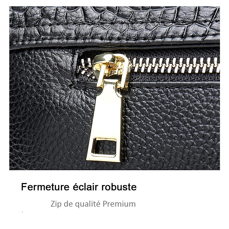 Pochette en cuir femme bandoulière detail fermeture  Zip