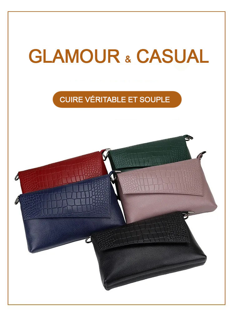 Pochette en cuir femme bandoulière glamour 5 coloris violine bleu rouge vert noir 