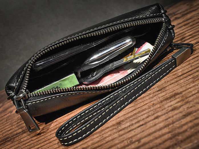 Pochette en cuir veritable dragonne ouverte noire