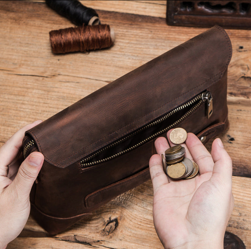 Pochette en cuir veritable homme poche exterieure zippee