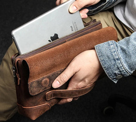 Pochette en cuir veritable homme poignee passante en cuir