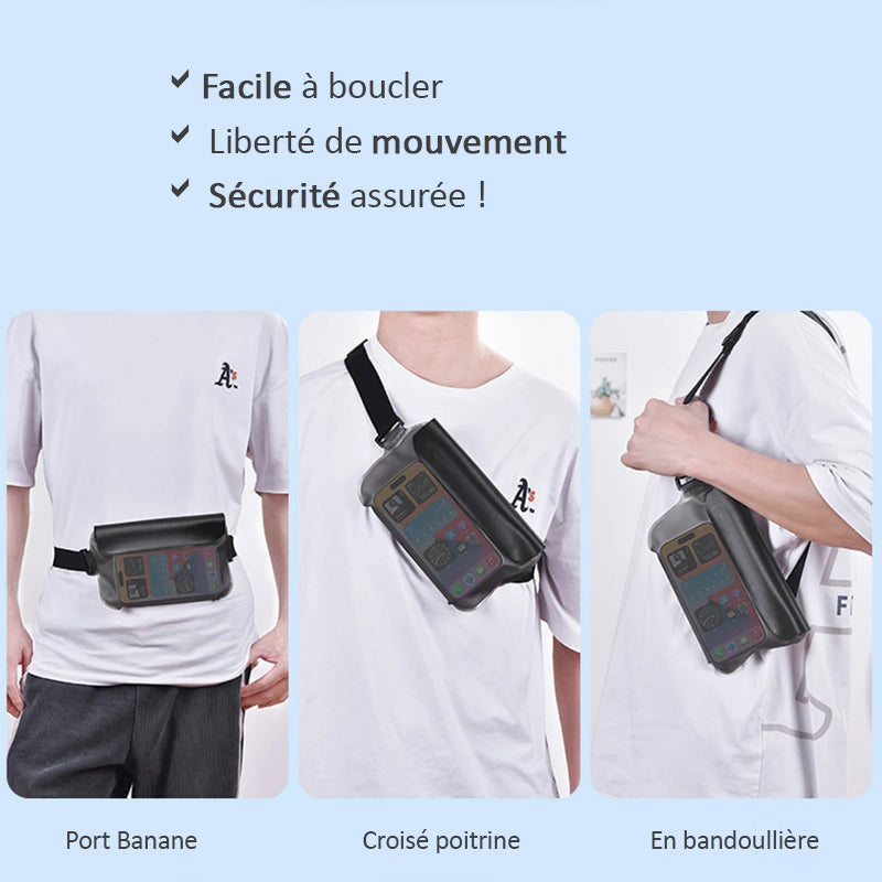 Pochette étanche bandoulière 3 positions : taille, épaule, croisé poitrine