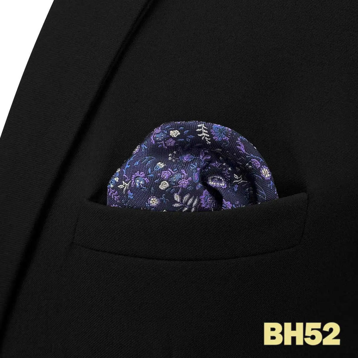 Pochette homme costume Noir graphite motifs floraux blanc violet bleu