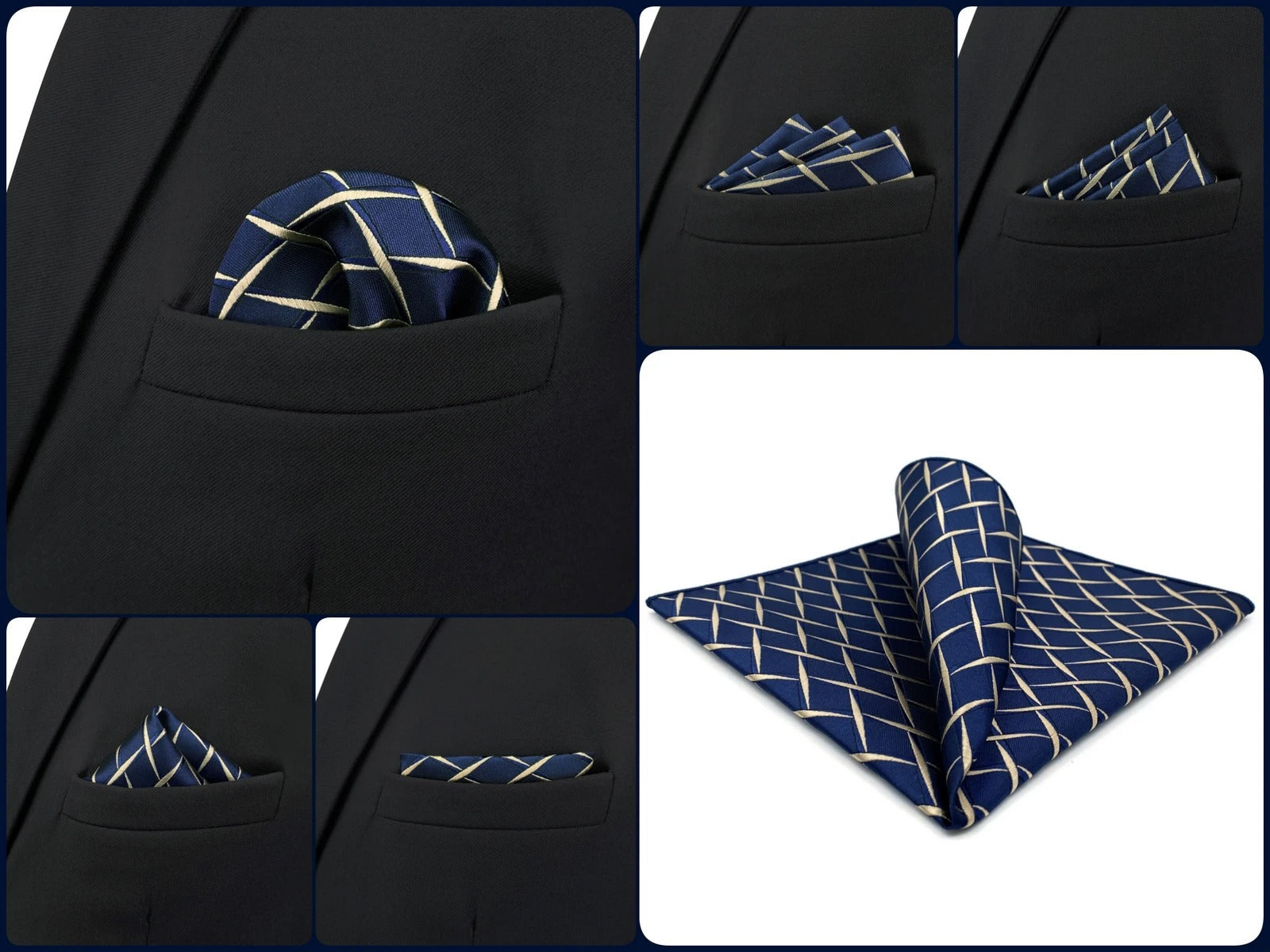 Pochette homme costume bleu jaune 5 dispositions de plissage