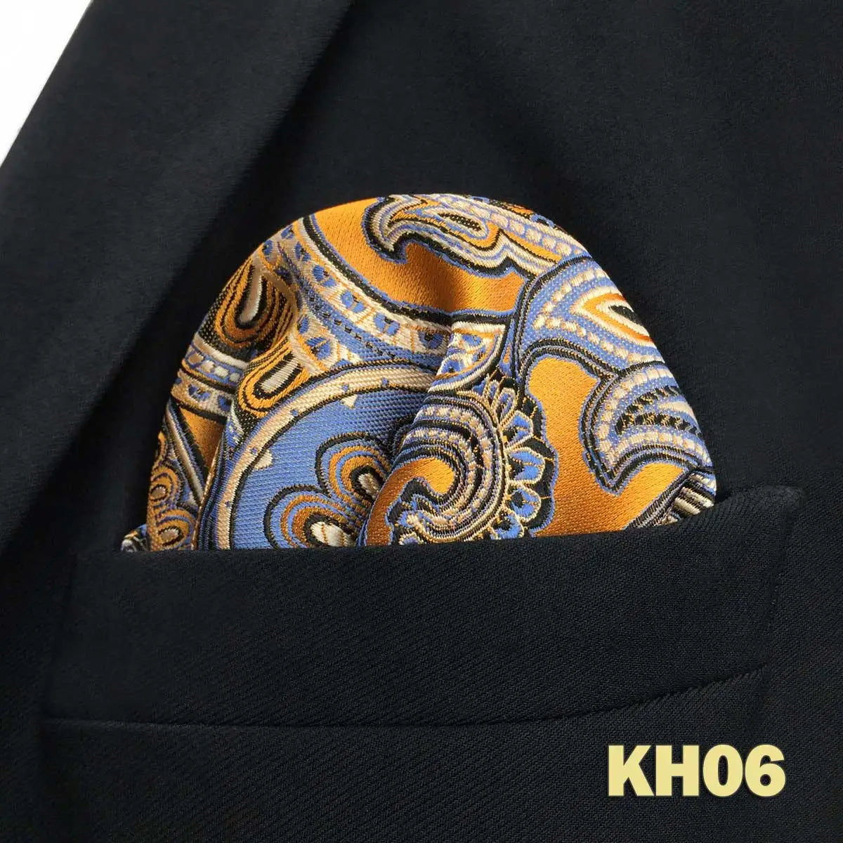 Pochette homme costume cachemire bleu gris orange noir et jaune