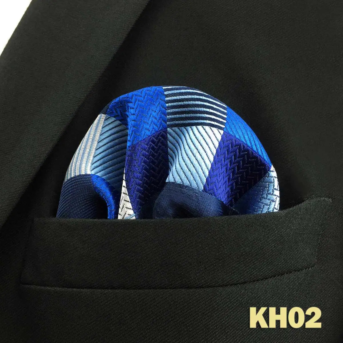 Pochette homme costume carreaux et rayures bleu cobalt, bleu marine, blanc noir