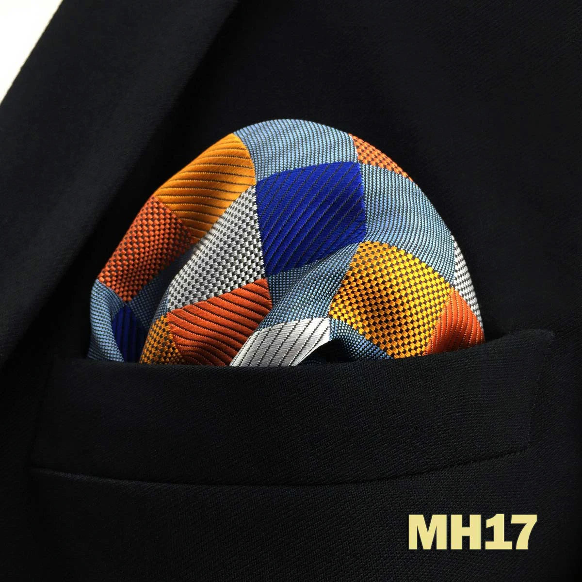 Pochette homme costume carreaux orange bleu noir et blanc