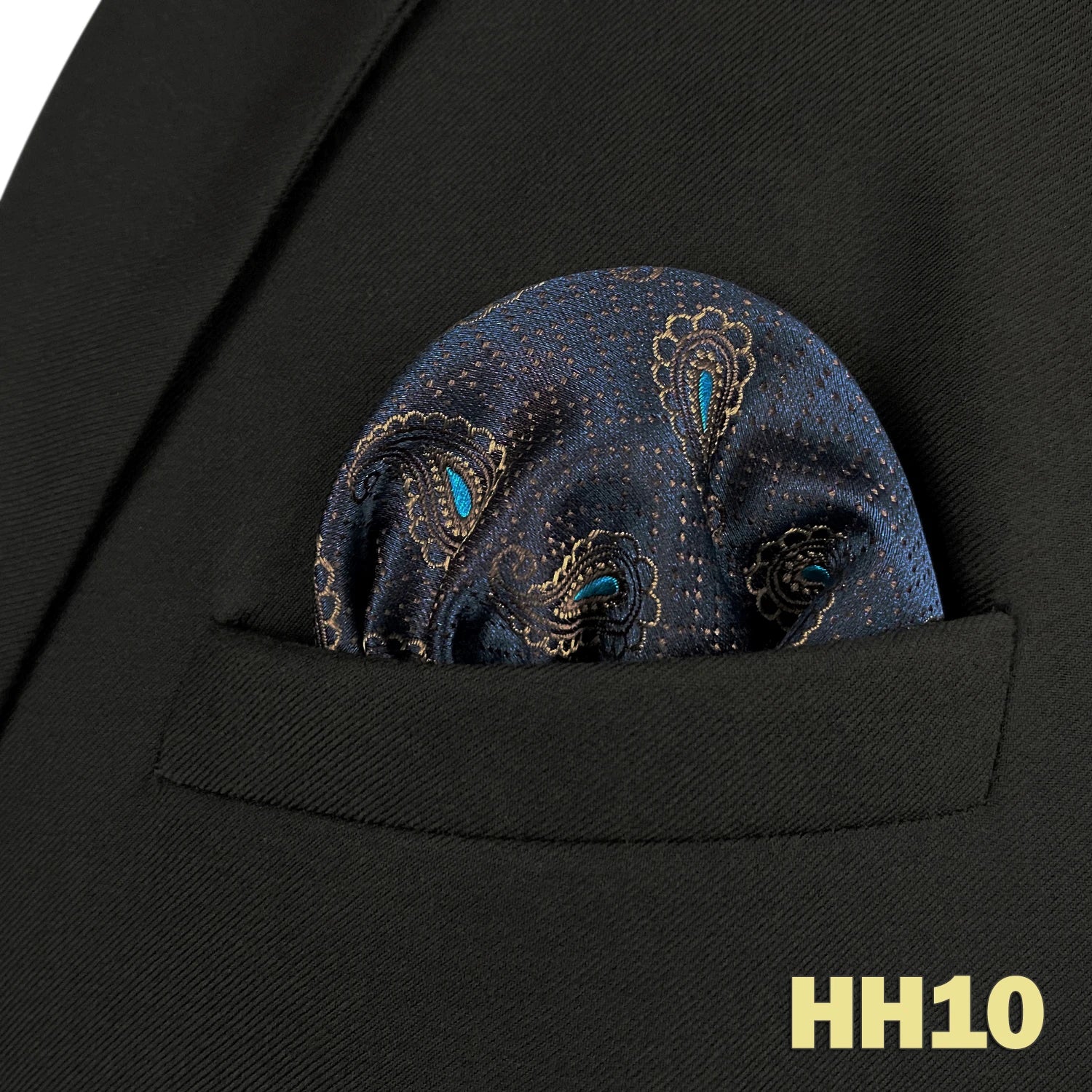 Pochette homme costume fond bleu nuit cachemire jaune et bleu turquoise