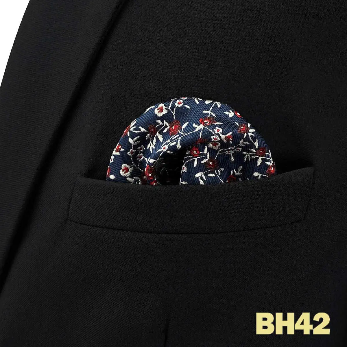 Pochette homme costume fond bleu nuit fleurs rouges et blanches