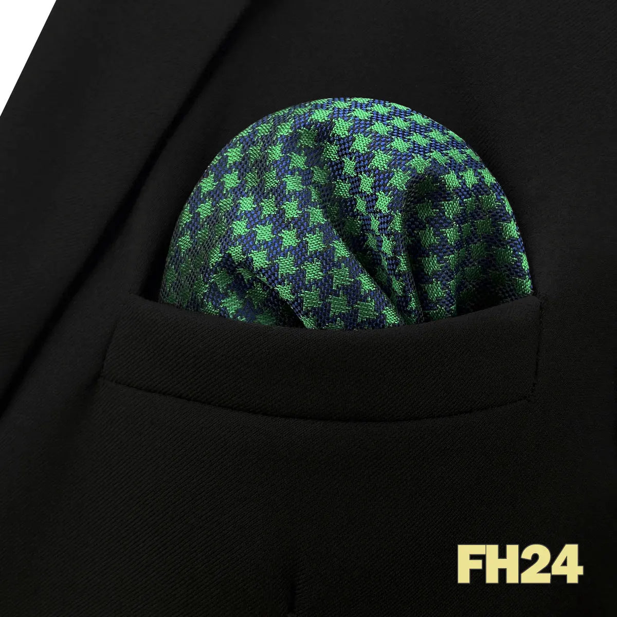 Pochette homme costume fond noir motif pied de poule vert vif