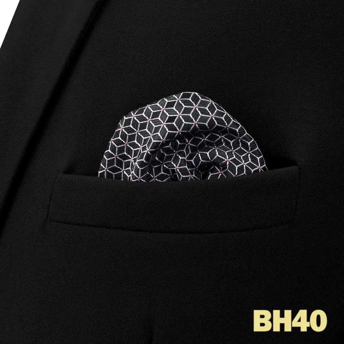 Pochette homme costume treillis cubique losange noir et blanc
