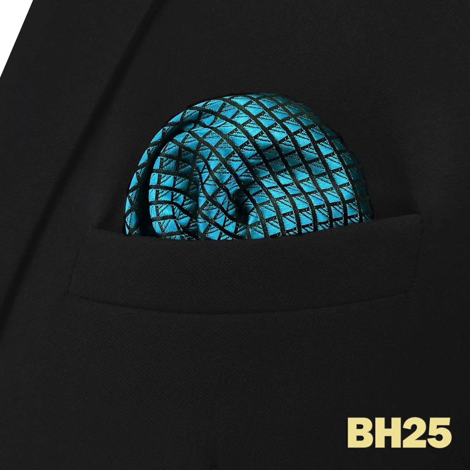 Pochette homme costume vert lagon brillant carreaux noir