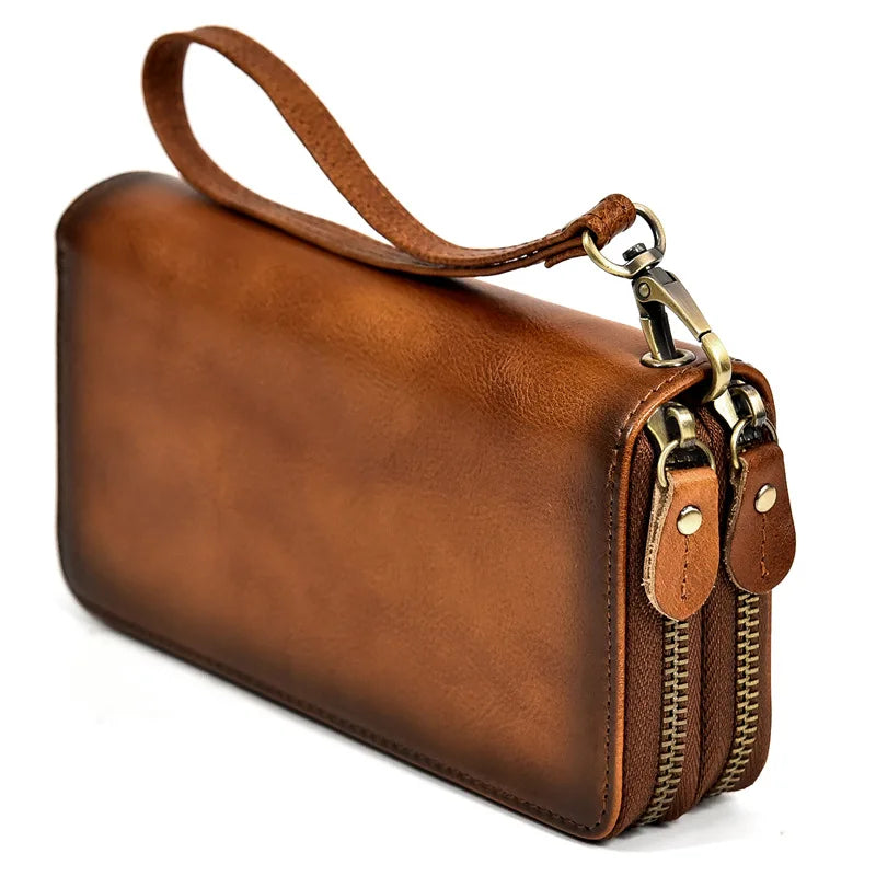Pochette homme cuir veritable dragonne Caramel bicolore a bordure sombre - fermetures 2 Zip