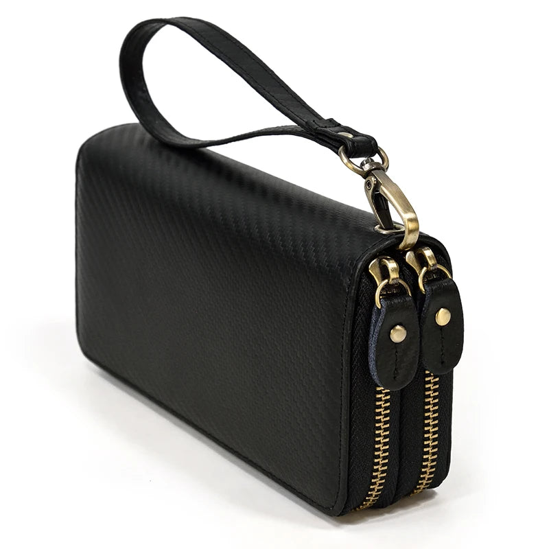 Pochette homme cuir veritable  dragonne noire Effet Carbone