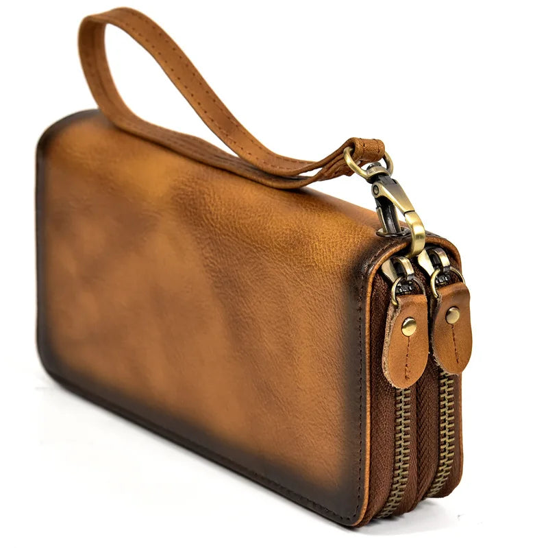 Pochette homme cuir veritable dragonne fauve clair bicolore a bordure sombre - fermetures 2 Zip