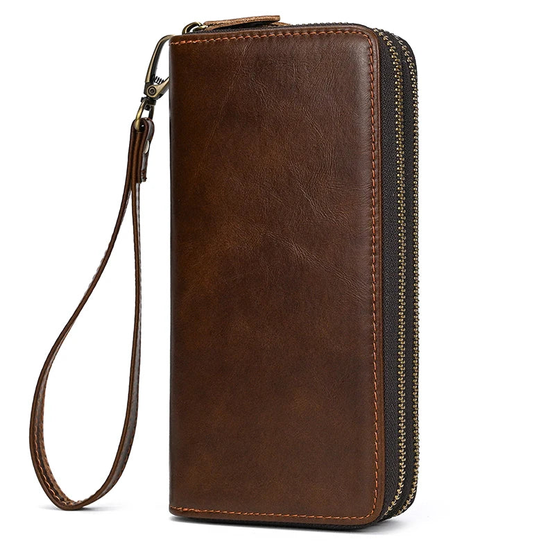 Pochette homme cuir veritable dragonne marron terre de sienne -fermetures double zip