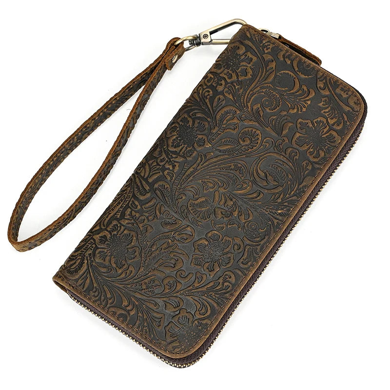 Pochette homme cuir veritable dragonne motif floral cuir café repousse fermeture 1 Zip