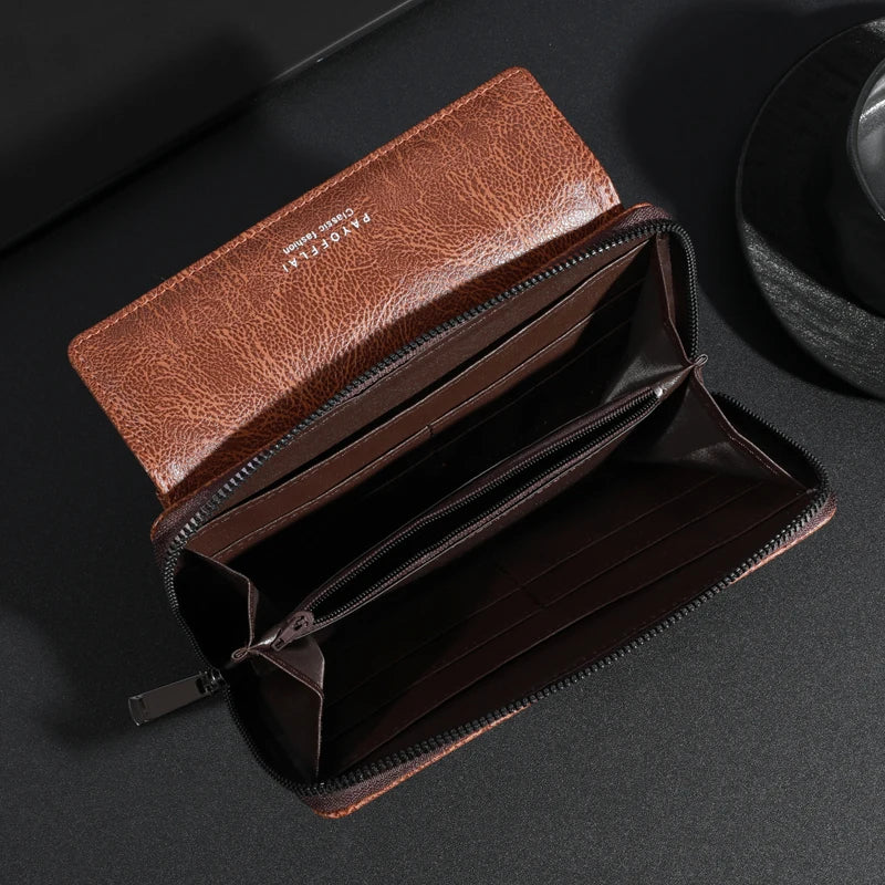 Pochette homme fauve ouverte visuel compartiments et fermeture eclair centrale interieure 