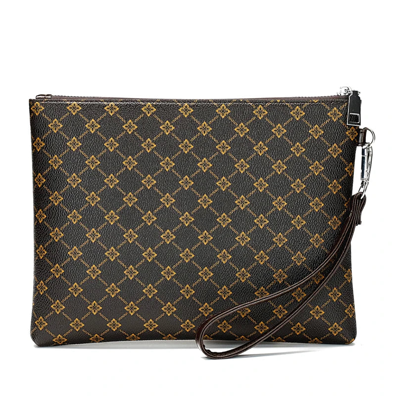Pochette homme luxe bicolore marron et fauve motif damier.