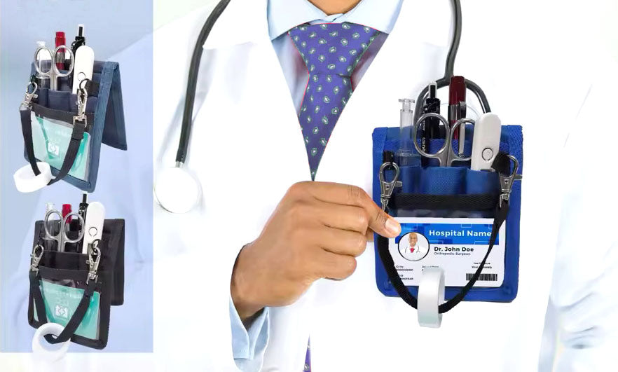 Pochette infirmière dimensions visuel bleu et noir en situation 