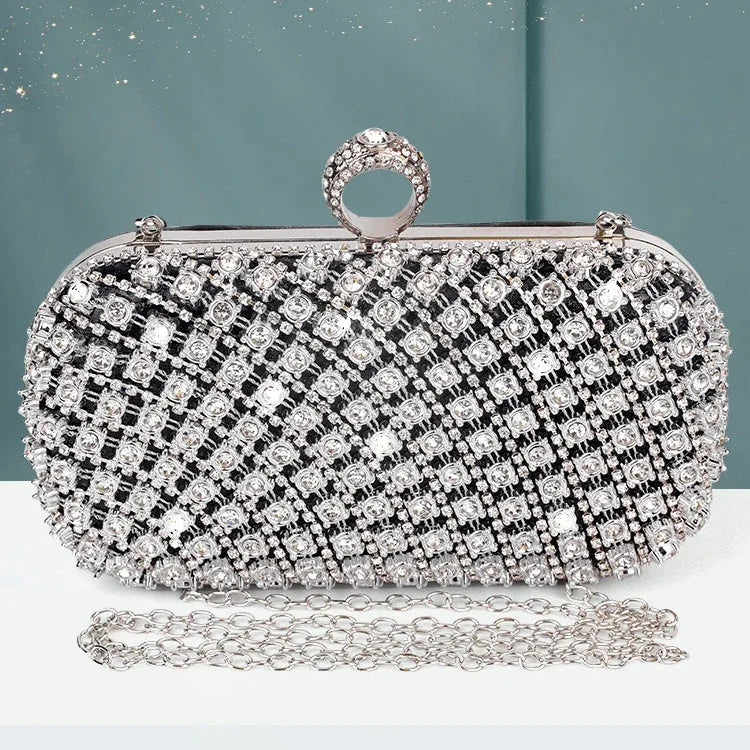 Pochette noir et strass  diamant  visuel scintillant bandoulire chainette 