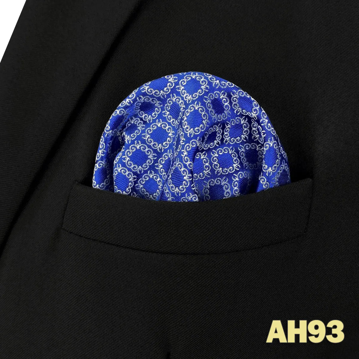Pochettes de costume bleue cobalt et carre motif tourbillon blanc