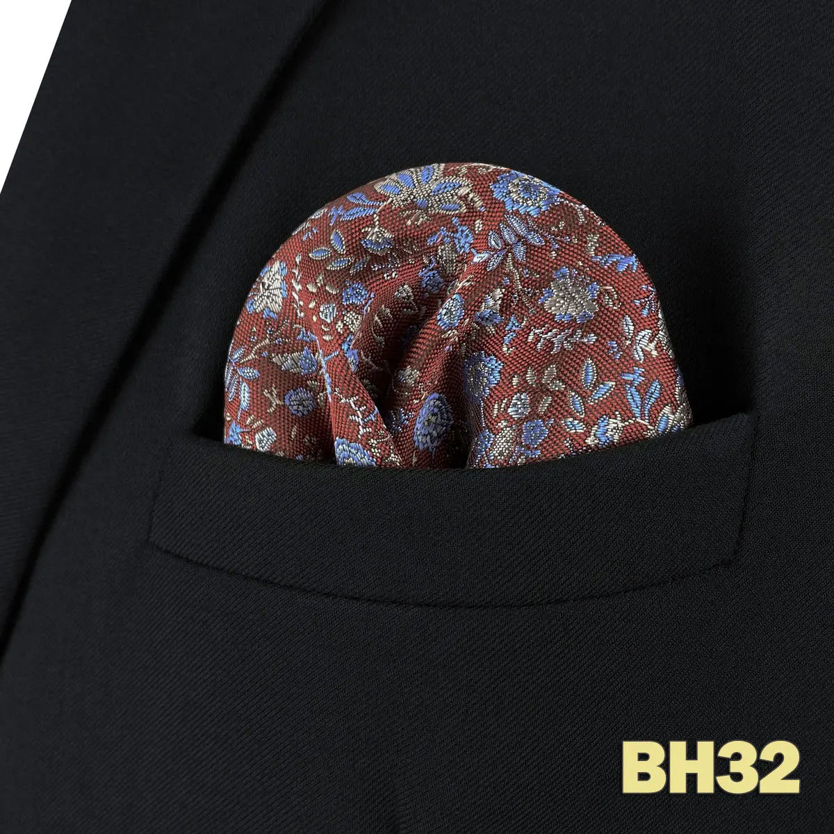 Pochettes de costume rouge brique motifs floraux bleu