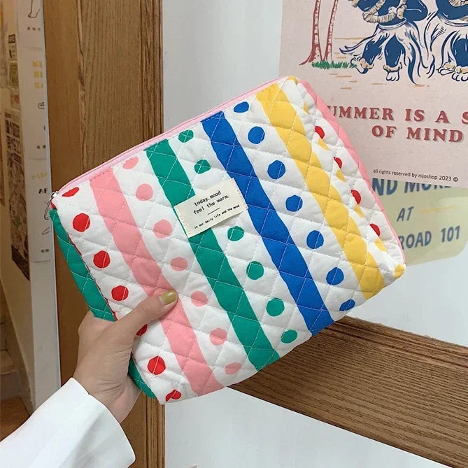 pochette  trousse toilette maquillage tissu molletonee zippee pois rayures multicolore 